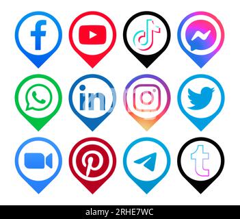 Kiev, Ukraine - August 28, 2022: Set of popular social media icons pointers, printed on paper: Facebook, Youtube, Tiktok, Messenger and others Stock Photo