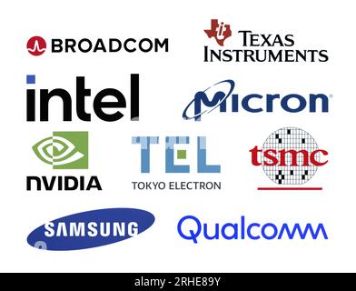 Kiev, Ukraine - September 20, 2022: Logos set of popular semiconductors and microchips manufacturers in the world, such as: Broadcom, Texas Instrument Stock Photo