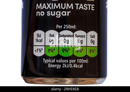 Nutritional information traffic light system labelling on can of Pepsi Max maximum taste no sugar - colour coded Stock Photo