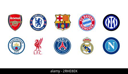 Kiev, Ukraine - October 26, 2022: Logos Set of the World's Top Soccer Teams, printed on paper, such as: Arsenal, Chelsea, FC Barselona, FC Bayern Munc Stock Photo