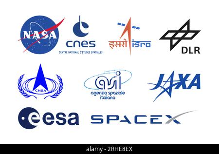 Kiev, Ukraine - October 26, 2022: Logos Set of the World's Top Space Agencies, printed on paper, such as: NASA, CNES, ISRO, SpaceX, CNSA and others Stock Photo