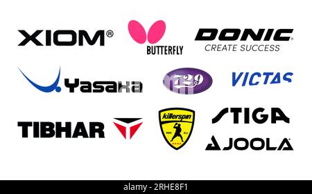 Kiev, Ukraine - October 26, 2022: Logos Set of the World's Top Ping Pong Equipment Brands, printed on paper, such as: Xiom, Butterfly, Donic, Yasaka, Stock Photo