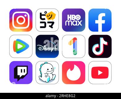 Kiev, Ukraine - October 26, 2022: Icons Set of Consumer Spending Mobile Apps in the World, printed on paper, such as: Instagram, Piccoma, HBO Max, Fac Stock Photo