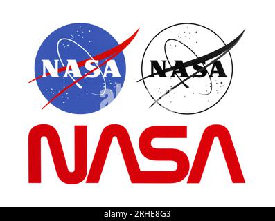 Kiev, Ukraine - October 26, 2022: Set of All Main NASA Logos, printed on paper. NASA is an independent agency of the US federal government responsible Stock Photo