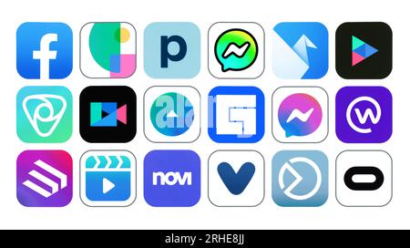 Kiev, Ukraine - January 17, 2023: Set of Meta Services apps icons, printed on paper: Facebook, Facebook Partner Summit, Facebook Portal, Messenger Kid Stock Photo