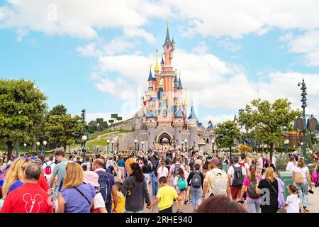 Visitors in front of the Disneyland Paris Castle, disneyland Main Street, Disneyland Paris France Europe Stock Photo