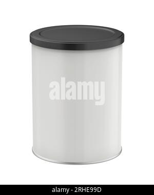 White metal can with black plastic lid on white background Stock Photo