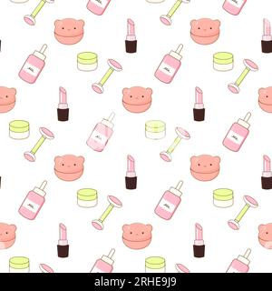 kawaii korean cosmetics seamless pattern. Vector illustration on white isolated background Stock Vector