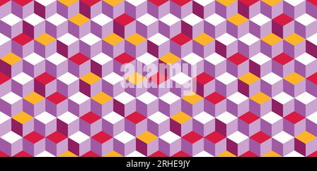 Seamless cube vector pattern. Embossed cuboid hexagonal tile pattern. Modern fashion ornament design. Colorful purple pattern. Stock Vector