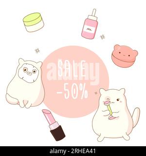 Discount banner discount sale on korean cosmetics cute. Vector illustration Stock Vector