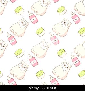 cute cat uses kawaii korean cosmetics seamless pattern rollerball face. vector illu Stock Vector
