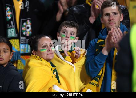 Sydney, Australia. 16th Aug, 2023. Australia's fans react after the semifinal between Australia and England at the 2023 FIFA Women's World Cup in Sydney, Australia, Aug. 16, 2023. Credit: Ding Xu/Xinhua/Alamy Live News Stock Photo