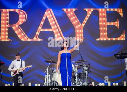 Uk singer and Brit award winner 2024 Raye performing live on the main stage at Boardmaster's 2023, Newquay, Cornwall Stock Photo