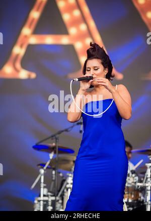 Uk singer and Brit award winner 2024 Raye performing live on the main stage at Boardmaster's 2023, Newquay, Cornwall Stock Photo