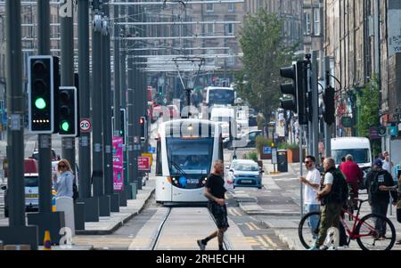 Edinburgh tram running on Leith Walk in Leith, Edinburgh, Scotland, UK Stock Photo