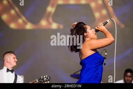 Uk singer and Brit award winner 2024 Raye performing live on the main stage at Boardmaster's 2023, Newquay, Cornwall Stock Photo