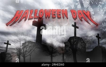 Cemetery or graveyard in the night with dark sky. Haunted cemetery. Halloween day background. Halloween day concept. Spooky and scary burial ground. Stock Photo