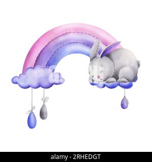 Cute bunny, sewn from fabric with thread stitches, sleeping on a rainbow with clouds and hanging raindrops. Watercolor illustration hand drawn Stock Photo