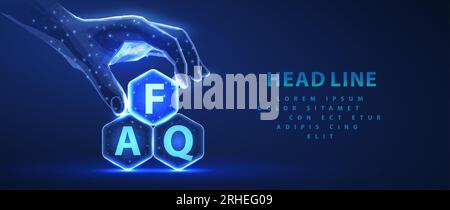 Three hexagons with FAQ letters and hand. FAQ chat support, AI solution Stock Vector