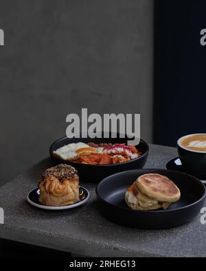 bowls of various ice creams on dark gray table, view mexico latin america Stock Photo