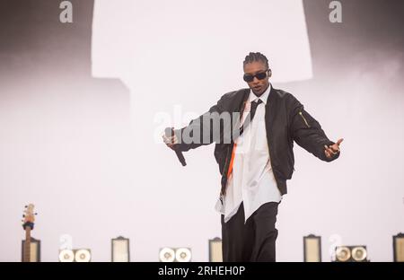 UK Rapper Little Simz performing live on the main stage at Boardmaster's 2023, Newquay, Cornwall Stock Photo