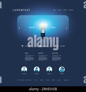 Website Template for Your Business with Smart Idea Concept - Design with Glowing Light Bulb in the Header Stock Vector