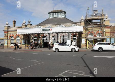 The front elevation and main entrance to Lewes Station in East, Sussex, England. Stock Photo