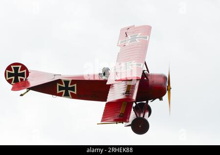 'Red Baron' Fokker DR.I,  Dreidecker, Triplane, replica German First World War fighter plane. Flying at Little Gransden airshow Stock Photo