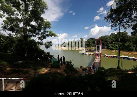 Rangamati, Bangladesh - July 25, 2023: A Hanging Bridge on Kaptai Lake in Rangamati. Kaptai Lake is a people made lake in south-eastern Bangladesh. It Stock Photo