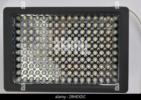 Zoom in on a panel of LED lamps, showing their precise arrangement and the possibility of creating different light patterns. Stock Photo