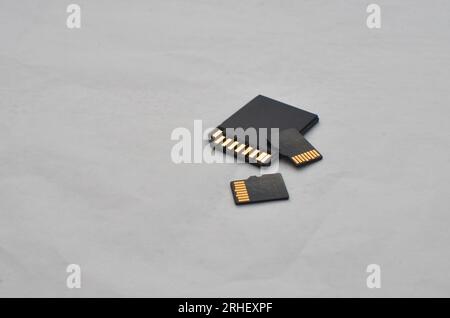 Close up of SD and microSD cards, symbols of compact and efficient storage on chips. Detail of SD and microSD cards, representing the modern concept o Stock Photo