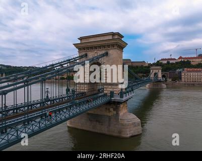 Renovated Szechenyi Chain bridge in Budapest Hungary.  Replaces all old and damaged bricks, all iron component, and the full light system.  The Chain Stock Photo