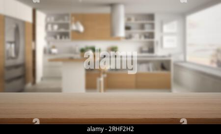 Empty wooden table, desk or shelf with blurred view of modern white kitchen with cabinets and dining table with stools, big window with bench, modern Stock Photo