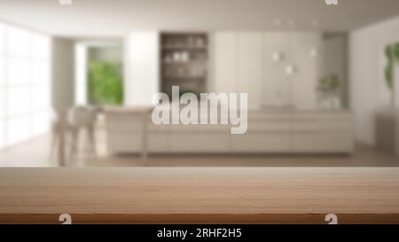 Empty wooden table, desk or shelf with blurred view of minimalist kitchen with cabinets and dining table and shelves, modern interior design concept Stock Photo