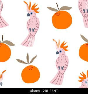 Parrots and oranges pattern on white background. Tropical pattern. Vector illustration Stock Vector