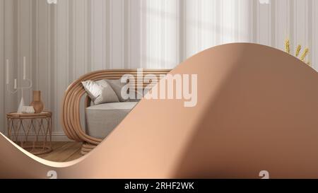 Abstract architecture background, wavy fluid shape, creative wall, scandinavian rattan living room with sofa and striped wallpaper Stock Photo