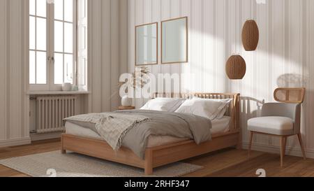 Scandinavian wooden bedroom in white and beige tones, frame mockup, double bed with pillows, duvet and blanket, striped wallpaper, carpet, parquet and Stock Photo