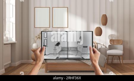 Hands holding notepad with wooden bedroom design blueprint sketch or drawing. Real interior design project background. Before and after concept, archi Stock Photo