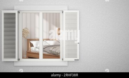 Exterior plaster wall with white window with shutters, showing bedroom with wooden bed, blank background with copy space, architecture design concept Stock Photo