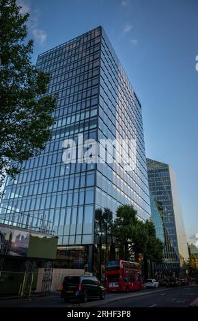 London, UK: New building on Blackfriars Road close to Blackfriars Bridge in the Bankside area of Southwark in London. Traffic in foreground. Stock Photo