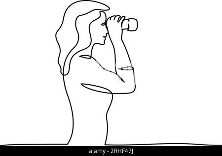 Woman looking into distance with binoculars. Continuous one line Stock Vector