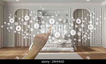 Glowing smart home interface, geometric background, connected line and dots showing internet of things system, hand pointing icons over bedroom interi Stock Photo