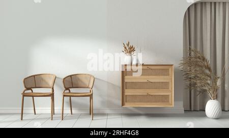 Interior design background in white and beige tones. Living waiting room with rattan armchairs and wooden sideboard, plaster walls. Arched niche with Stock Photo