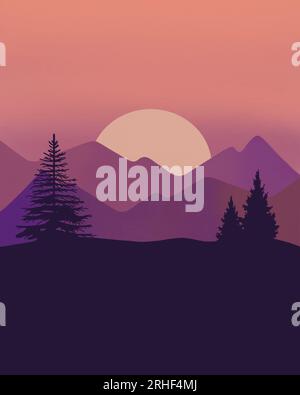 Cartoon drawing of the mountain skyline at sunrise. Stock Photo