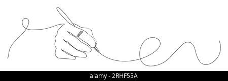 Hand holding pen in continuous style, writing or drawing. Pen line art illustration. Stock Vector
