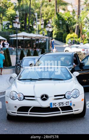 Mercedes-Benz SLR McLaren roadster outside the Hotel de Paris in Casino Square, Monte Carlo, Monaco Stock Photo