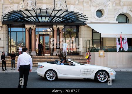 Mercedes-Benz SLR McLaren roadster outside the Hotel de Paris in Casino Square, Monte Carlo, Monaco Stock Photo