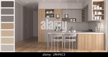 Interior design scene with palette color. Different colors and patterns. Architect and designer concept idea. Modern wooden kitchen with cabinets and Stock Photo