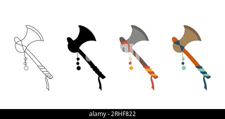 Set of axes of ancient African and Indian tribes and peoples. Axes in color, silhouette, contour. Isolated vector. Native American Indian Tomahawk wea Stock Vector