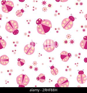 Cute pink ladybugs and flowers seamless vector pattern background. Kawaii carton ladybird characters with pretty florals on white backdrop. Scattered Stock Vector